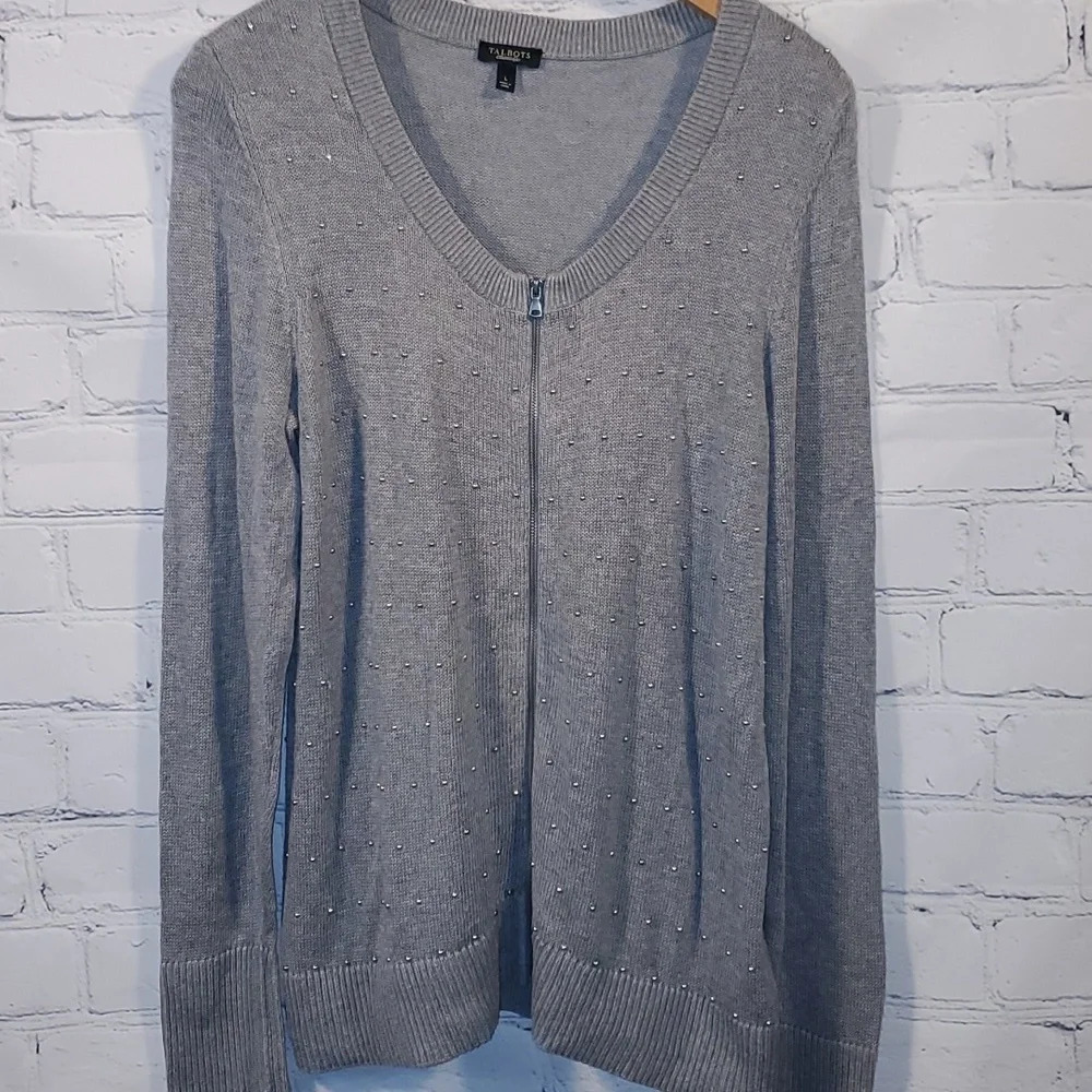 Talbots Gray Silver Studded Zip Up Sweater Cardigan